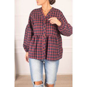 armonika Women's Navy Blue Six Shirred Sleeve Elastic Plaid Pattern Cachet Shirt