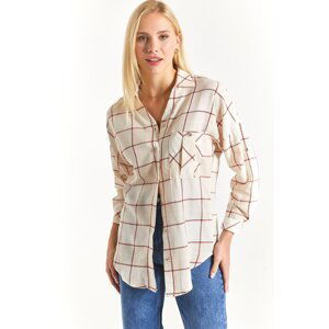 armonika Women's Cream Plaid Oversized Shirt with Pockets