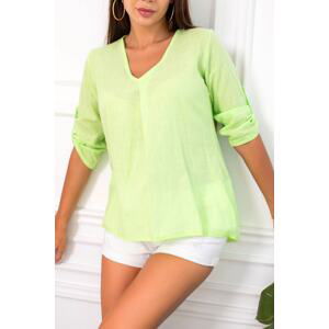 armonika Women's Neon Green V-Neck Pleat Detailed Blouse with Epaulette Sleeves