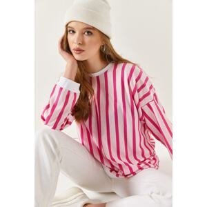 armonika Women's Pink Striped Round Neck Oversized Sweatshirt