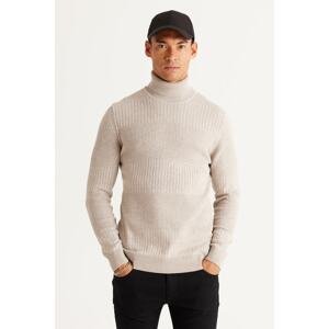 AC&Co / Altınyıldız Classics Men's Beige Melange Recycle Standard Fit Regular Cut Full Turtleneck Cotton Jacquard Knitwear Sweater.