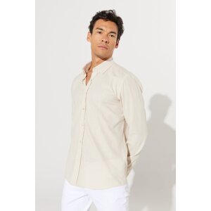 AC&Co / Altınyıldız Classics Men's Beige Slim Fit Slim Fit Oxford Buttoned Collar Linen Look 100% Cotton Flamed Shirt