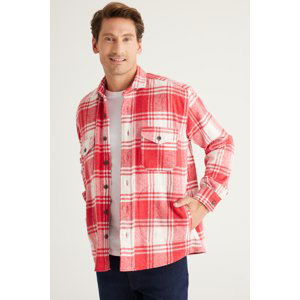 AC&Co / Altınyıldız Classics Men's Red Ecru Oversize Wide Cut Buttoned Collar Checkered Winter Shirt Jacket