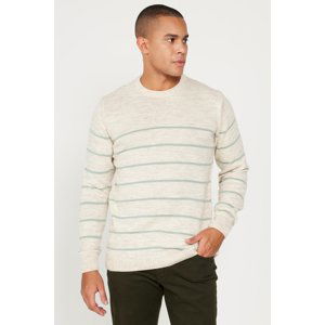 AC&Co / Altınyıldız Classics Men's Beige-Mint Standard Fit Normal Cut Crew Neck Striped Knitwear Sweater.