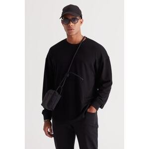AC&Co / Altınyıldız Classics Men's Black Loose Fit 3 Thread Crew Neck Jacquard Sweatshirt with Fleece Inside