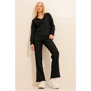 Trend Alaçatı Stili Women's Black Polo Neck Top And Palazzon Trousers Knitwear Bottom Top Suit