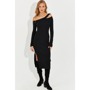 Cool & Sexy Women's Black Asymmetric Collar Windowed Slit Midi Dress