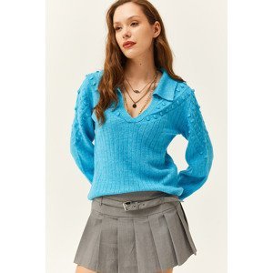 Olalook Women's Blue Polo Collar Tiny Pompom Soft Textured Knitwear Sweater