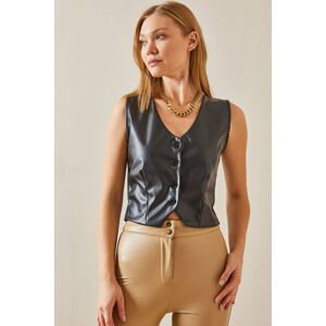 XHAN Black Buttoned & Leather Blazer Vest