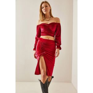XHAN Burgundy Gathered Detail Slit Velvet Midi Skirt