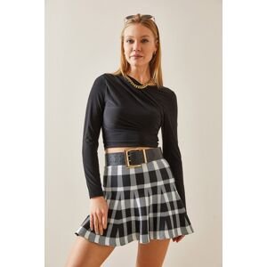XHAN Black Double Breasted Neck Draped Crop Blouse