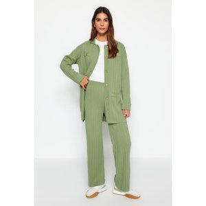 Trendyol Green Ribbed Cardigan-Pants Knitwear Two Piece Set