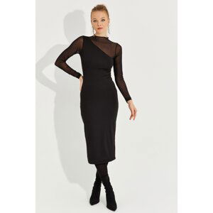 Cool & Sexy Women's New Year Black Tulle Detailed Asymmetrical Midi Dress