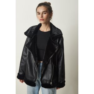 Happiness İstanbul Women's Black Premium Shearling Faux Leather Coat