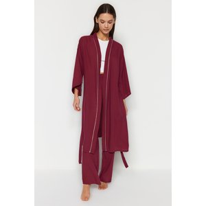 Trendyol Damson 2-Piece Viscose Tie Dressing Gown-Pajama Bottom Woven Pajamas Set