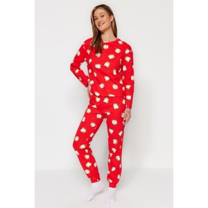 Trendyol Red 100% Cotton Animal Printed Tshirt-Jogger Knitted Pajama Set