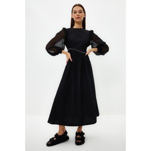 Trendyol Black Sleeve Chiffon Waist Pearl Detailed Dress