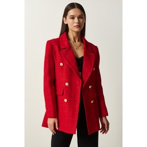Happiness İstanbul Women's Red Button Blazer Tweed Jacket