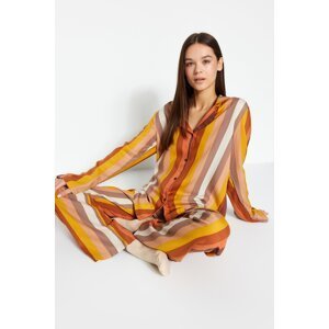 Trendyol Brown-Multicolored Striped Shirt-Pants Viscose Woven Pajama Set