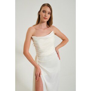 Carmen Ecru Evening Dress in Satin with a Slit