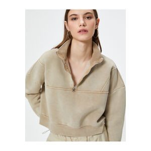 Koton Half Zipper Crop Sweatshirt Comfortable Fit Faded Effect Long Sleeve Cotton