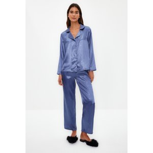 Trendyol Blue Premium Star Patterned Satin Shirt-Pants Woven Pajama Set