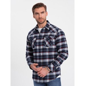 Ombre Men's checkered flannel shirt with pockets - navy blue and red