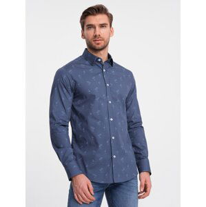 Ombre Classic men's cotton SLIM FIT shirt in palm trees - dark blue