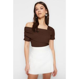 Trendyol Brown Asymmetric Collar Fitted/Snap Knitted Bodysuit