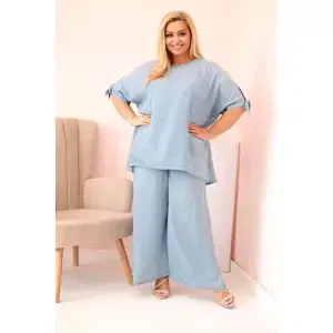 Kesi Włoski Dámská souprava Plus Size z tencelu, halenka s vázáním a široké kalhoty světlý džínový