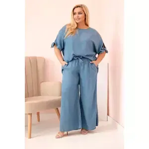 Kesi Włoski Dámská souprava Plus Size z tencelu, halenka s vázáním a široké kalhoty džínový