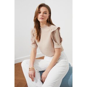 Trendyol Camel Woven Sleeve Detail Stand Up Collar Blouse