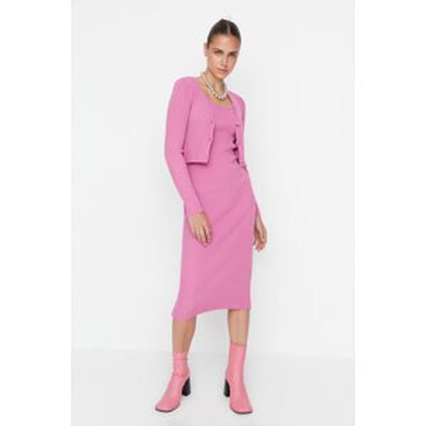 Trendyol Pink Pink Fitted Midi Knitwear Cardigan Dress Suit