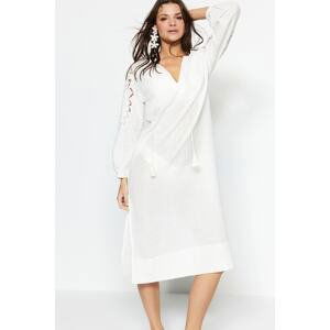 Trendyol White Midi Woven Kimono&Caftan 100% Cotton with Tassels