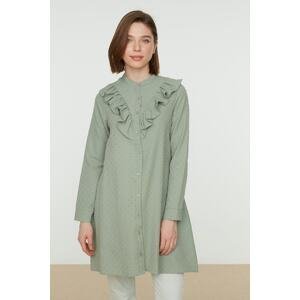 Trendyol Green Collar Ruffle Detailed Shirt With Pompom, Woven Cotton
