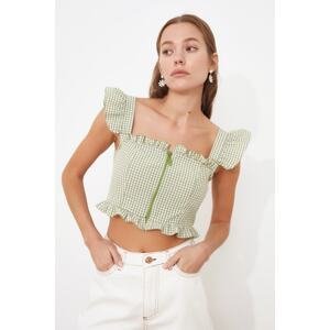 Trendyol Green Knitted Fitted Crop Zipper Detail Gingham Printed Blouse