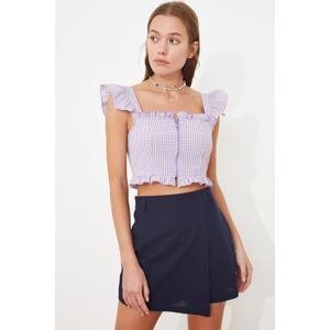 Trendyol Lilac Fitted Zipper Detail Gingham Crop Woven Blouse