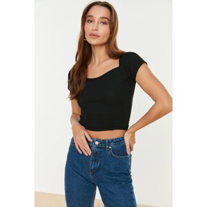 Trendyol Black Fitted/Situated Square Neck Crop Corduroy Knitted Stretch Blouse