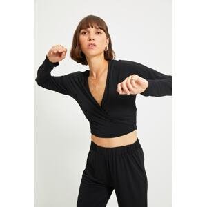 Trendyol Black Tie Detail Fitted Crop Double Breasted Viscose Stretch Knit Blouse