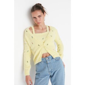 Trendyol Yellow Feathered/Beard Rope Blouse, Cardigan-Knitwear Suit