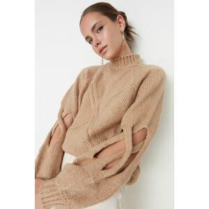 Trendyol Beige Soft Textured Window/Cut Out Detail Stand-Up Collar Knitwear Sweater