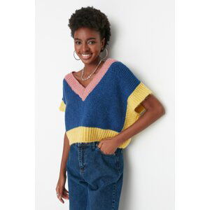 Trendyol Navy Blue Crop Soft Textured Color Block Knitwear Sweater