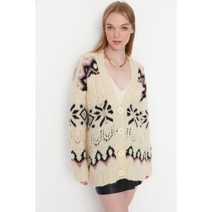 Trendyol Soft Textured Ecru V-Neck Patterned Sweater Knitwear Cardigan