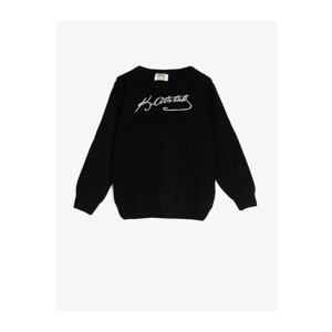 Koton Boy's Black Cotton Crewneck Atatürk Printed Sweater