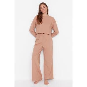 Trendyol Light Brown Knitted Top and Bottom Set