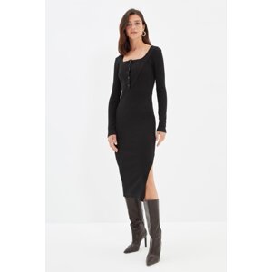 Trendyol Black Buttoned Square Collar Formal Fitted Long Sleeve Ribbed Flexible Midi Dress with a Slit