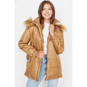 Trendyol Camel Oversize Arched Fur Hooded Quilted Down Jacket