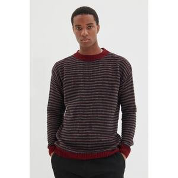 Trendyol Men's Burgundy Regular Crew Neck Jacquard Sweater