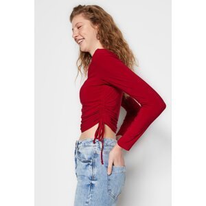 Trendyol Red Square Collar Shirring Detail Fitted/Slippery Knitted Blouse with Crop