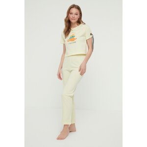 Trendyol Yellow Printed Stripe Knitted Pajamas Set
